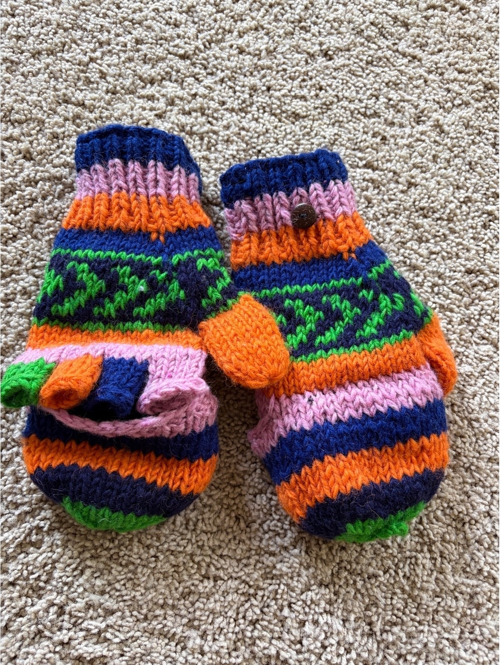 Hand-Knitted Convertible Fingerless Mittens/Mittens Combo – Multi-Color Stripes
